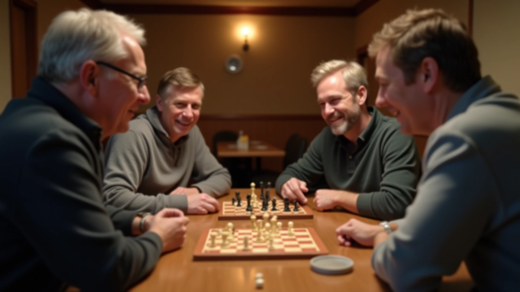 Group of mature adults playing board games around a wooden table in a community hall, focused on their game pieces