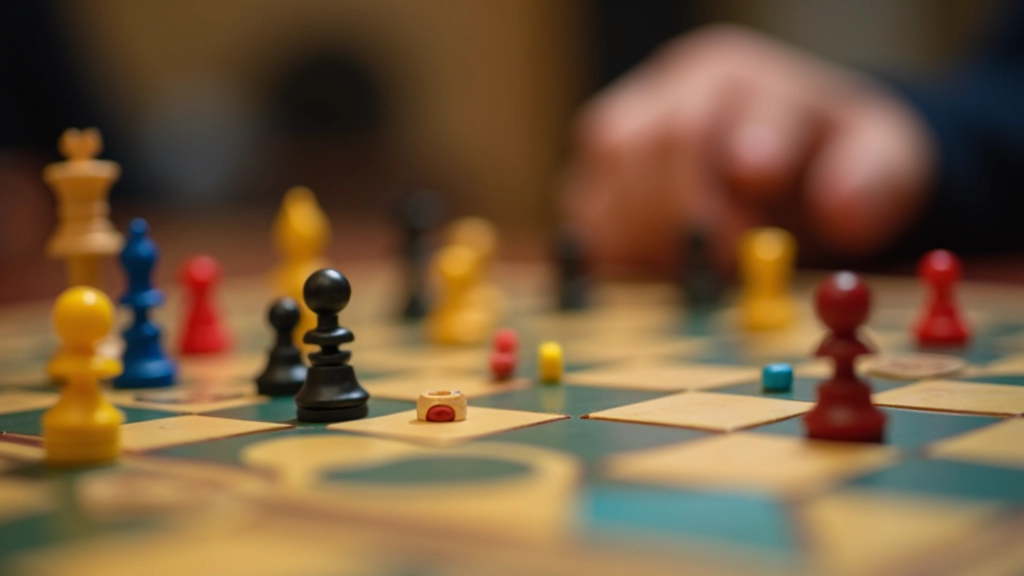 Close-up of colorful game pieces arranged on board game surface with strategy positioning visible