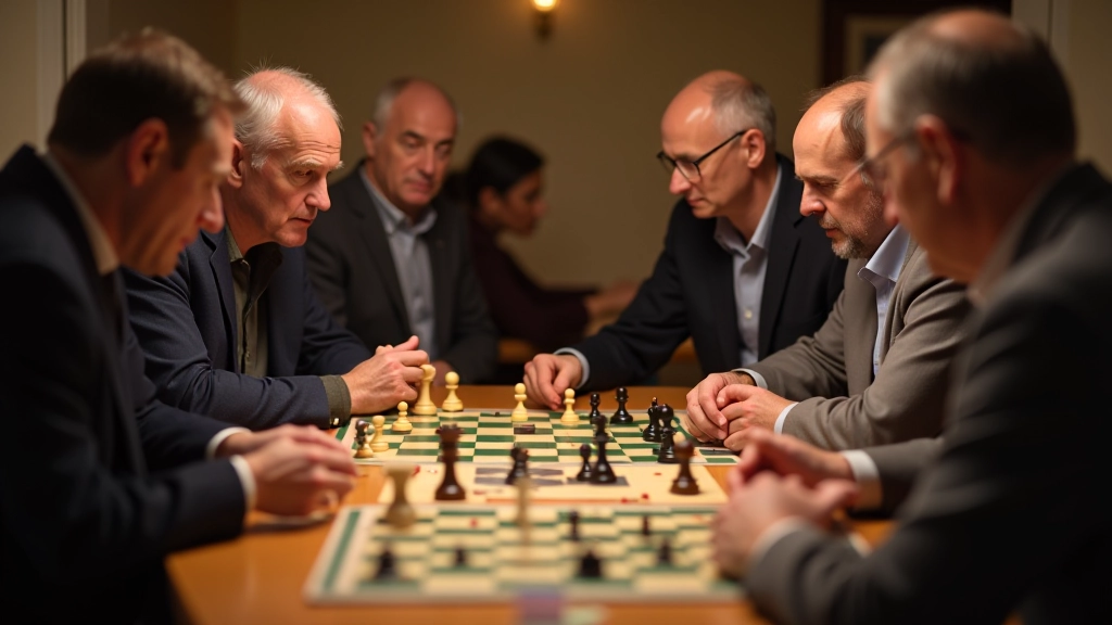 Players gathered around table with strategy board game showing complex board state and components