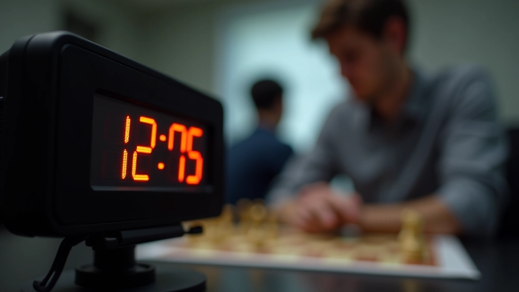 Tournament Scrabble clock with digital display, player concentrating on board, focused expression during timed game