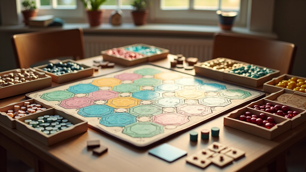 Board game components organized neatly with player mats token trays and central game board ready for play