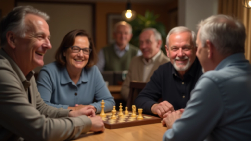 Mature players smiling while playing Scrabble together, enjoying social board game evening with drinks nearby