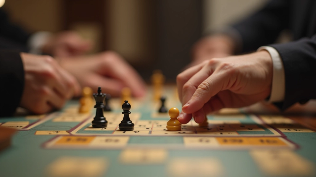 Close-up of hands placing game pieces on a cooperative board game, showing collaborative gameplay mechanics and shared decision-making