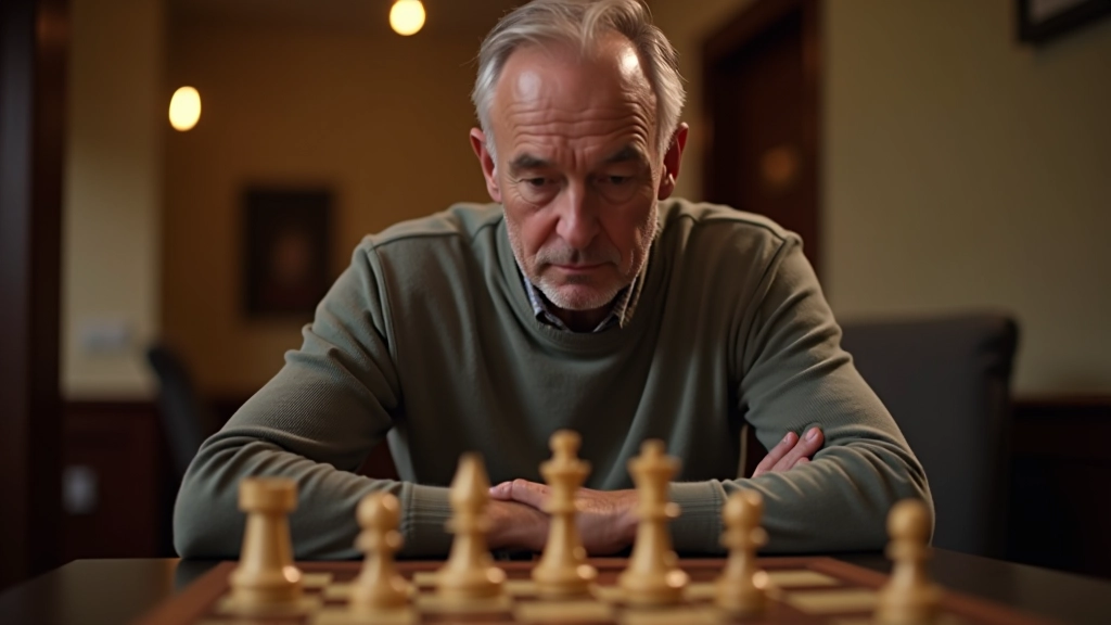 Chess pieces arranged on wooden board with player studying the position intently
