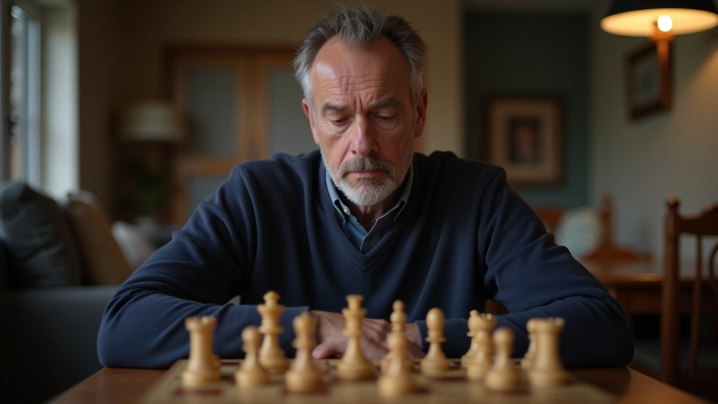 Chess player studying position on board with multiple pieces, concentrated expression showing game analysis
