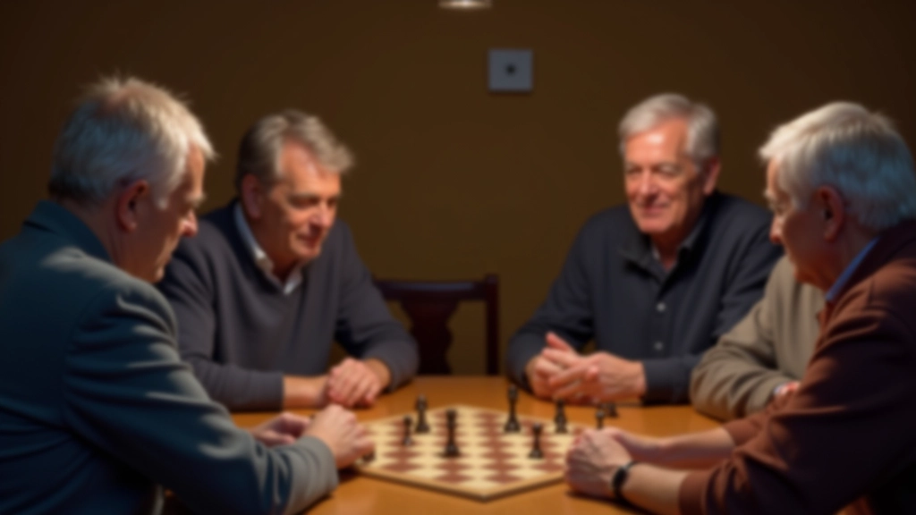 Mature players sitting around table concentrating on board game strategy positioning and moves