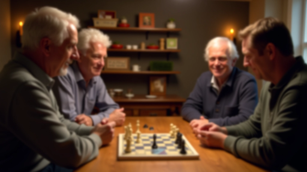 Mature players gathered around wooden game table with chess and strategy board games, warm lighting from above