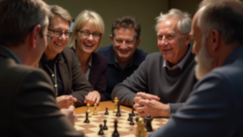 Group of board game enthusiasts engaged in discussion around a cooperative game, showing animated conversation and collaborative problem-solving