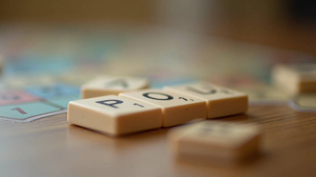 Close-up of Scrabble tiles arranged on a wooden surface, showing the tile rack and board setup from a player's perspective