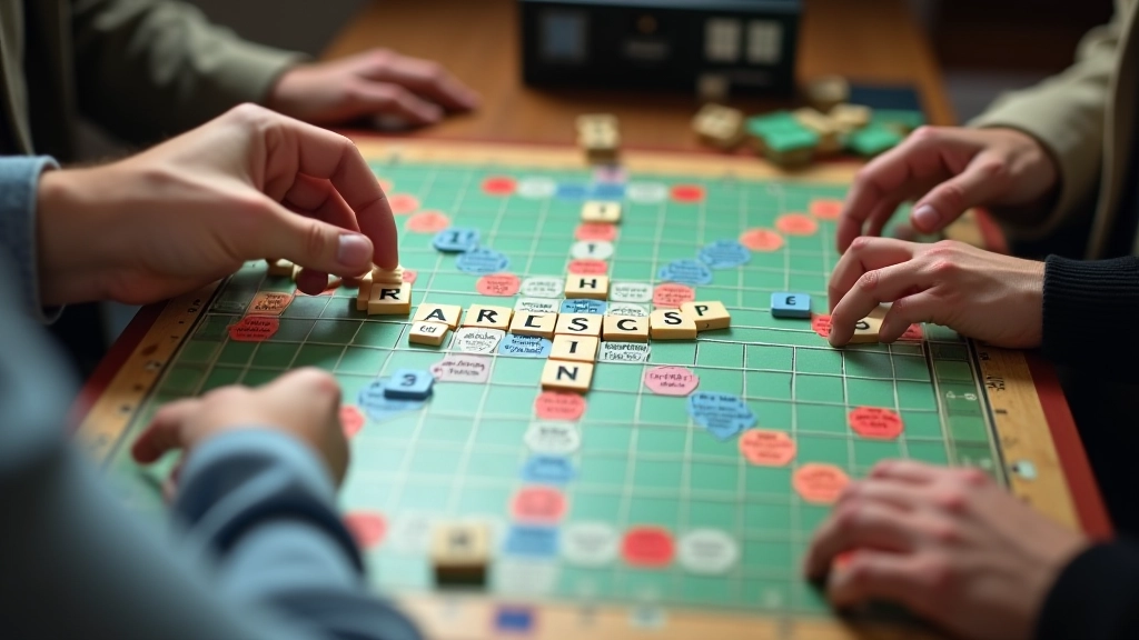 Tournament Scrabble board mid-game with tiles placed strategically, player hands holding racks with tiles, official tournament clock visible in background
