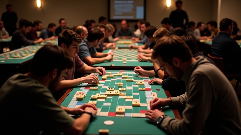 Scrabble tournament room setup with multiple tables, players seated at boards, tournament director visible organizing games, professional tournament environment